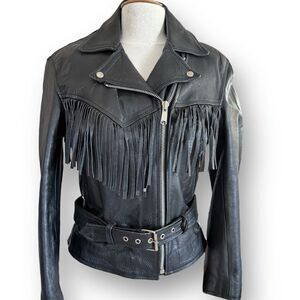 Hudson Leather Women's Small Black Leather Fringe Biker Jacket Liner Zips Out